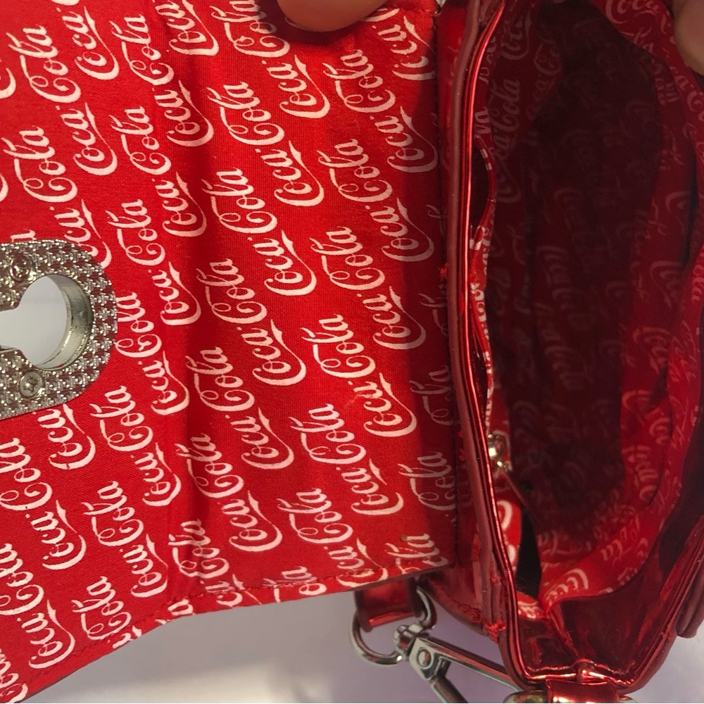Skinny Dip Shiny Small Red Handbag. Coca-Cola Inner Lining. Magnet Closure. - Picture 7 of 9
